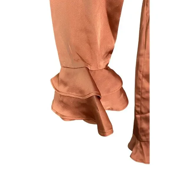 MAJORELLE Nelly Mini Dress Surplice Shirred Ruffle Detail Terracotta Brown Small
